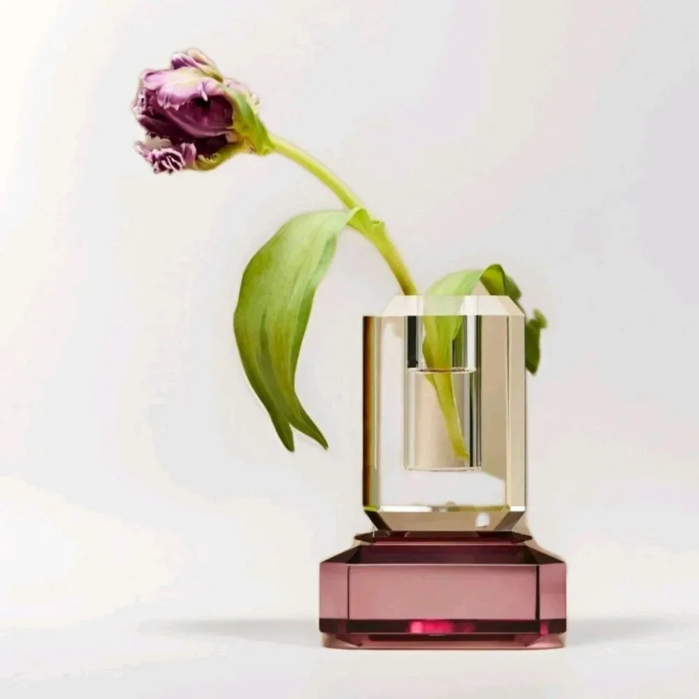 Anthropologie Crystal Cut Glass Vase Clear Pink 2Pc Set Stacked Footed Square
